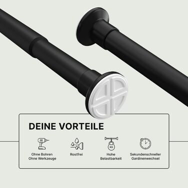 Штанга для штор без свердління, Ø 25 мм - телескопічна штанга для штор, душової стійки, кріплення для вікон, перегородок та кухні (70-120 см) (90-160 см), матовий чорний