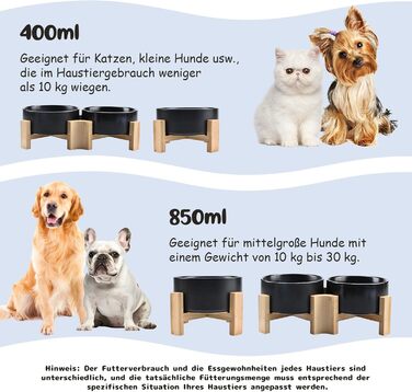 Керамічні годівниці для собак та котів SPUNKYJUNKY з дерев'яною підставкою (400 мл x 2, чорний)