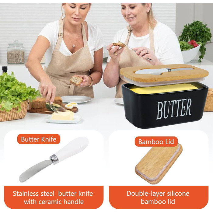 Porcelain butter dish with lid, airtight silicone butter keeper for butter, nuts, cheese, plus butter spreader.
