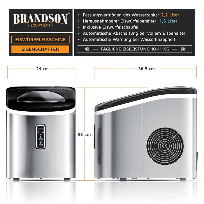 Машина для приготування льоду Brandson з нержавіючої сталі, 2.2 л, самоочищення, маленькі та великі кубики льоду, срібна