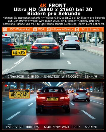 Відеореєстратор E-YEEGER Dashcam Auto 345° Panorama 4K+2.5K з GPS, WiFi, HDR, Нічне бачення, Паркувальний режим, Loop-запис, SD-карта 64GB