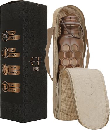 Trade Trinkwasserflasche Kupfer - Drinking Water Bottle Copper - Pure Naturally Bottle Water Bottle with Lid and Carrying Bag 34oz/1000 ml Leak-Proof Ayurveda Copper Bottle for Office and Yoga (Black, 1)