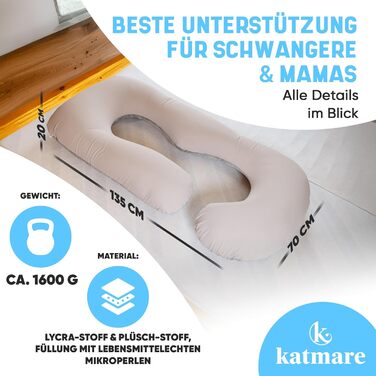 Подушка для сну на бік Katmare - вагітна подушка, подушка для годування, Body Pillow XXL з мікроперлин, знімний чохол, двостороння (зима/літо)
