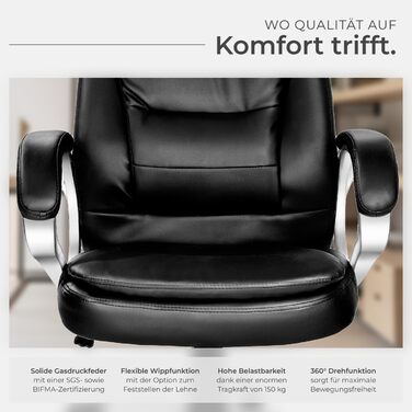 Офісне крісло tectake - ергономічний кухонний стілець з високою спинкою, регульована висота, поворотний, з механізмом гойдання, чорний (400578)