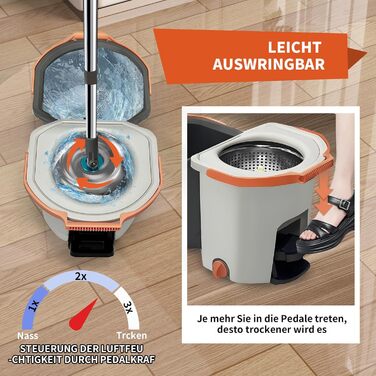 Набір для миття підлоги з відром, моп з функцією віджиму, відро з педальним механізмом та 2-камерним відсіком, повний набір з 3 мікрофібровими накладками для ламінату, паркету та плитки (світло-сірий)