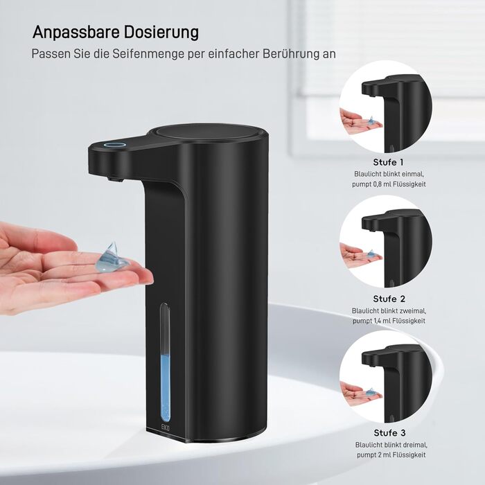 Automatic Soap Dispenser with Window - Infrared Sensor, 250ml, USB Rechargeable, Waterproof, Adjustable Dosage, Drip-Free, for Kitchen & Bathroom - Matte Black