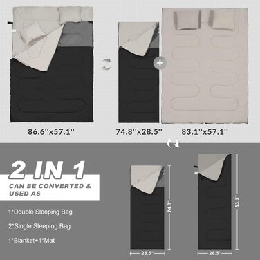 Спальний мішок Elevon для дорослих, підлітків та дітей, для холодної та теплої погоди, водонепроникний, легкий, компактний з компресійним мішком, для 3-4 сезонів, кемпінг, рюкзак, туризм, подорожі, зелений (2 особи, 1 шт., чорний)