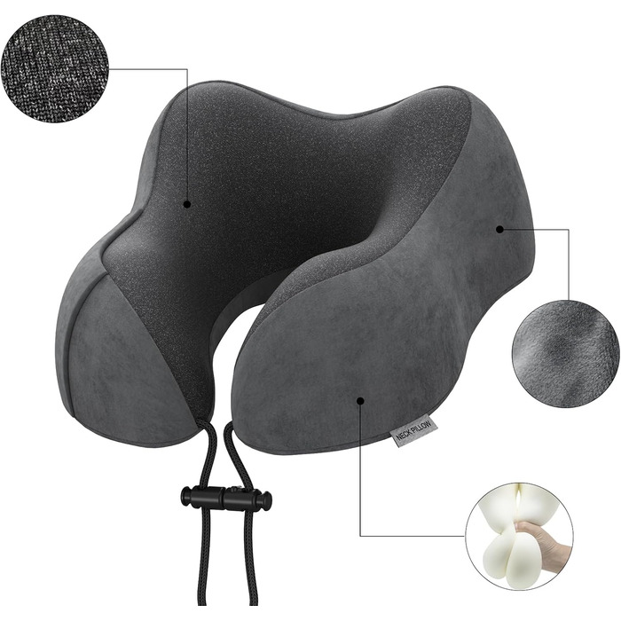 Подушка для шиї у подорожах: м'яка, з memory foam, для автомобіля, літака, офісу та дому (темно-сіра)