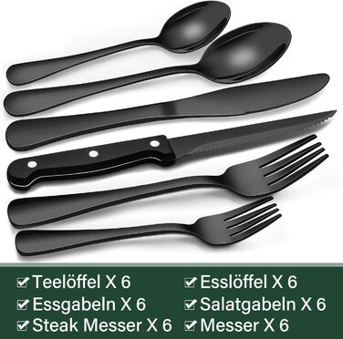 Cutlery Set 6 Persons Black, 36-Piece Stainless Steel Cutlery Set with Steak Knives, Dining Cutlery Set with Knife Fork Spoon, Elegant Tableware for Restaurant/Party, Dishwasher Safe