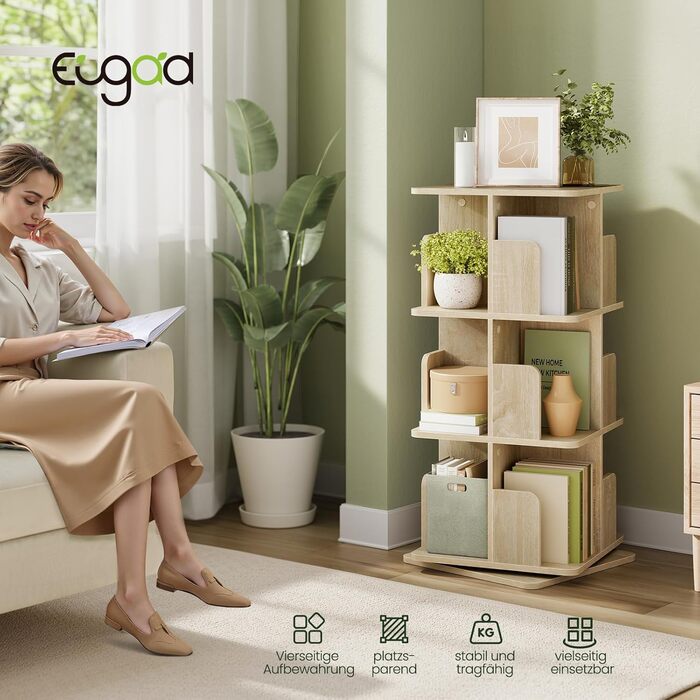 Обертовий книжковий стелаж EUGAD, 4 рівні, 360°, МДФ, світлий дуб, 39,5x128x39,5 см, для офісу та дому, багатофункціональний роздільник простору
