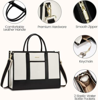 Сумка для ноутбука LOVEVOOK жіноча водонепроникна для роботи, університету (17 дюймів, чорно-бежева). Бізнес-сумка, портфель, сумка для вчителя зі шкіри.