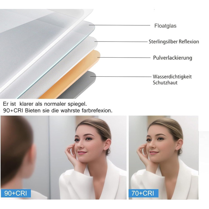 MIQU LED дзеркало для ванної кімнати з підсвічуванням 60x50 см, велике дзеркало для ванної кімнати з сенсорним регулюванням, антизапар, 3 кольори світла, для ванної, туалету, коридору