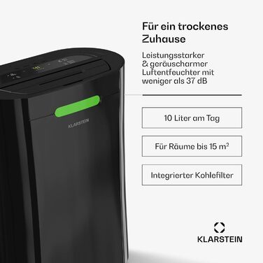 Електричний осушувач Klarstein AeroDry Smart 12 л - 12 л/день, 2.5 л резервуар, 39 дБ, WiFi/App/Alexa, LED дисплей, таймер 24 год, вугільний фільтр, для приміщень до 18 м², чорний