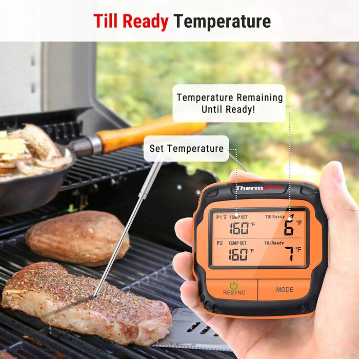 Бездротовий термометр для гриля ThermoPro TP27C 150 м, водонепроникний IPX4, кухонний м'ясний термометр із великим LCD-дисплеєм, 2 зонди для BBQ, газового гриля, Dutch Oven