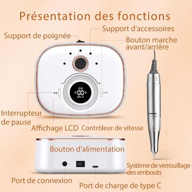 CIVPOWER Набір для манікюру та педикюру: професійний електричний фрезер для нігтів з акумулятором 4000mAh, 13 насадок