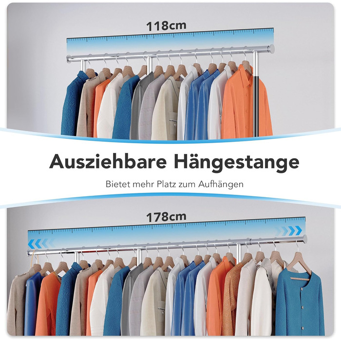HOKEEPER Heavy-Duty Clothes Rack with Wheels, Up to 150 kg Load Capacity, Durable Clothes Rod with Shelves for Hanging, for Bedroom, Office, Business, Chrome Steel, Black