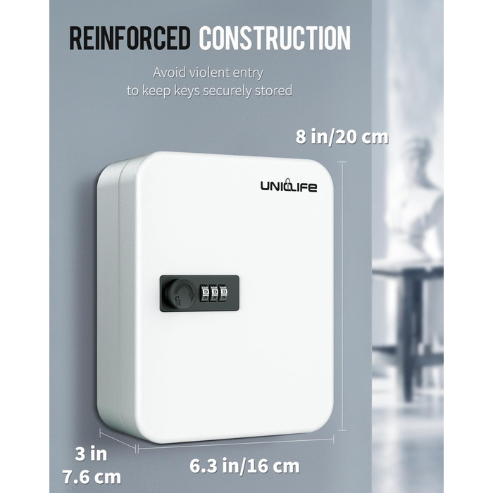 Шкафчик для ключів Uniclife на 60 позицій з комбінацією та ключовим замком, цифровий, з регульованими полицями (20 ключів, білий)