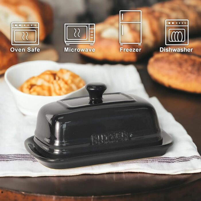 Ceramic Butter Dish with Lid for Countertop, 12.7 x 19.1 cm, Large Butter Container, Black Butter Holder for 2 Sticks, Butter Dispenser for Kitchen Countertop, Ceramic Butter Dishes with