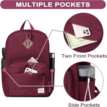 Шкільний рюкзак RAVUO для підлітків, легкий рюкзак для дівчат, денний рюкзак, повсякденна шкільна сумка для університету, школи, подорожей, роботи, бургундський, червоний