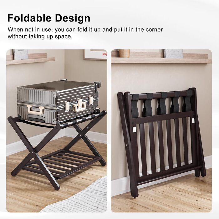 Fully assembled white luggage rack, upgraded bamboo, foldable suitcase stand with 5 nylon straps, luggage holder with shelf for guest rooms, hotel (white luggage rack, 1 piece) (Brown, 1 piece)
