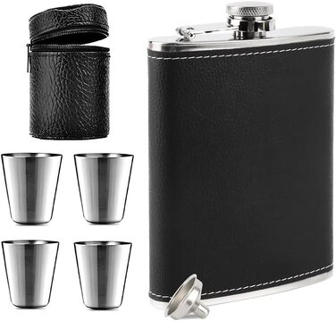 Фляга туристична 8oz з нержавіючої сталі, фляга з воронкою та 4 маленькими чашками, для алкоголю, похідна фляга для пікніків та вечірок (чорна)