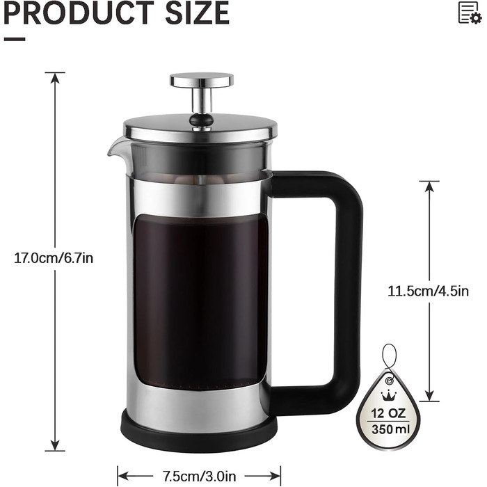 French Press WedRink: Френч-прес з нержавіючої сталі, 0.35L | Фільтр для кави та чаю з боросилікатного скла