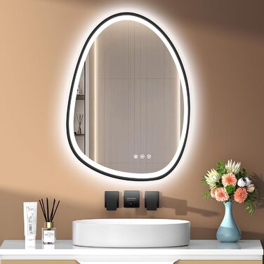 Дзеркало з підсвіткою, асиметричне LED, 75x55 см, з сенсорним вимикачем, антизапар, 3 кольори світла, регулювання яскравості, функція пам'яті, чорний (горизонтальне/вертикальне)