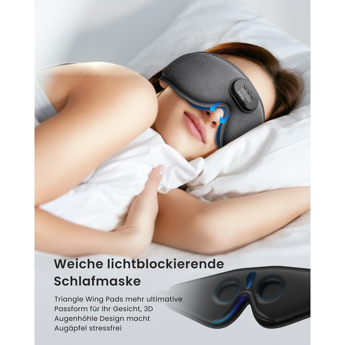 Маска для сну Renpho з Bluetooth V5.2, подарунок для жінок, RENPHO Ultra Soft, бездротова маска для сну з 3D-екраном, комфортна для тих, хто спить на боці, маска для сну з білим шумом, сіра