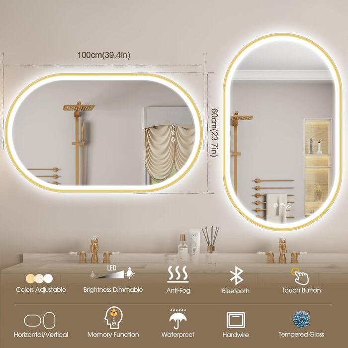 Дзеркало для ванної кімнати STARLEAD овальне LED з підсвічуванням 90x60 см, Bluetooth, диммер, 3 кольори світла, протитуманне покриття, функція пам'яті, HD скло, IP44, горизонтальне/вертикальне, без рамки, Munich Gold (Bluetooth)