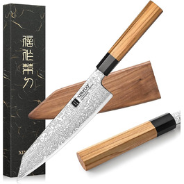 Японський ніж Kiritsuke XINZUO з дамаської сталі, 21.5 см, Gyuto, ручка з оливкового дерева та чорного рогу буйвола, ручна робота, з піхвою