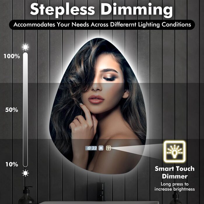 Круглий дзеркало для ванної кімнати з LED-підсвічуванням, 60 см, функція запобігання запотіванню, сенсорне управління & Bluetooth, регулювання яскравості, 3000K/4000K/6500K, HD-загартоване скло, дзеркало для ванної кімнати зі світлом (500*700 мм - крапель