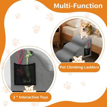 Сходинки для собак, 3 сходинки, з щільного матеріалу, для маленьких собак та котів, знімний чохол, іграшка-канат, легкі та портативні, сірі.