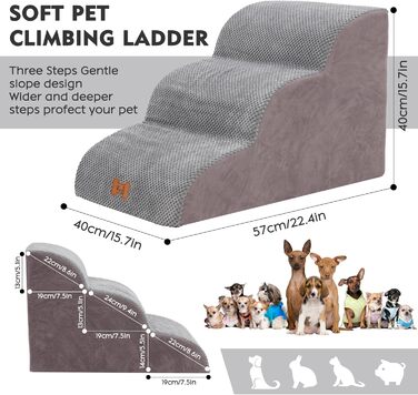 Сходинки для собак маленьких порід, 3 сходинки, 40 см, знімна та миюча, з м'якого пінополіуретану, антиковзкі, для котів та собак, для ліжка/дивану/автомобіля