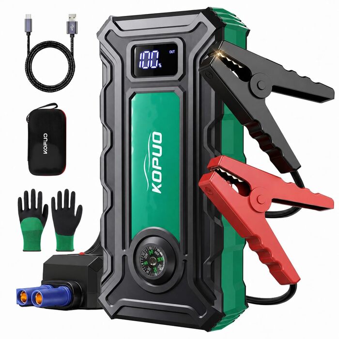 Бустер для автомобіля 7000A Jump Starter Powerbank 12V для бензинових (до 8л) та дизельних (до 6.5л) двигунів з LED-ліхтарем та набором аксесуарів (Блакитно-зелений)
