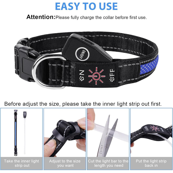 Світлодіодне нашийник для собак AUAUY, USB-зарядка, водонепроникний, регульований, 6 кольорів, розмір S (11.8-15.7'/30-40 см), колір: блакитний