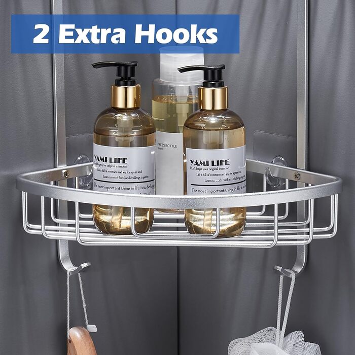 Поличка для душу Gricol Eck-Duschregal без свердління, металева, кутова, з 2 гачками, для ванної кімнати, срібна