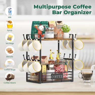 EsLuker.ly 2-Tier Mug Rack Stand for Countertop, 12 Hook Mug Shelf Wall with Storage Basket, Metal Wood Mug Stand Mug Organizer for Coffee Bar Kitchen, Vintage Brown-Black