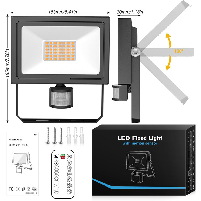 MEIKEE 15W LED Floodlight with Motion Sensor, Remote Control, 2700K Warm White, 150-1200 LM, Outdoor Floodlight LED, IP66 Waterproof Spotlight, Outdoor Light for Garden, Garage, Sports Field, 2PCS (35 Watt)
