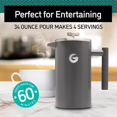 Coffee Gator French Press Coffee Maker - Stainless Steel Thermal Coffee Carafe for Longer Hot Coffee - 1 Liter – Stainless Steel - Includes Travel Coffee Canister Silver