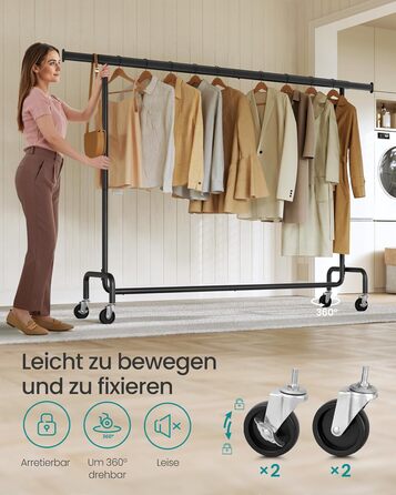SONGMICS Clothes Rack with Wheels, Coat Rack, Heavy-Duty, Extendable Clothes Rod, Holds up to 110 kg, 45 x (160-200) x 162.9 cm, Metal, Chrome, HSR176E01 ((160-200)B cm, Matte Black)