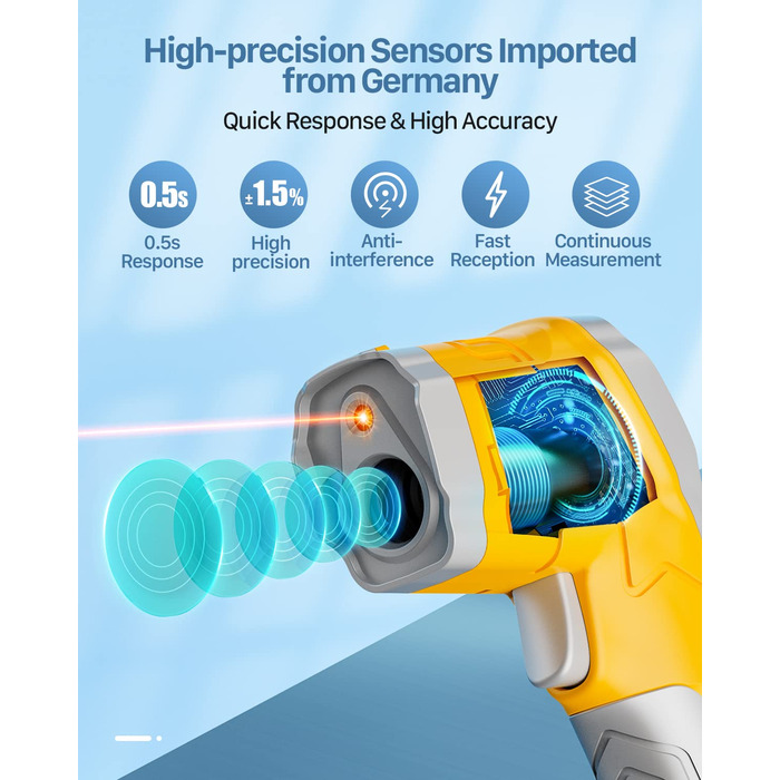 Інфрачервоний термометр Eventek -50°C ~ 600°C з лазером, регулюванням випромінювання та LCD-дисплеєм для гриля, піци, кухні та промисловості (жовтий)