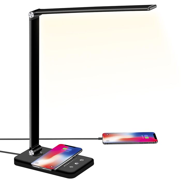 Настільна LED лампа BIENSER 20W з бездротовою зарядкою та USB-портом, 10 рівнів яскравості, 5 режимів світла, таймером та функцією пам'яті, чорна