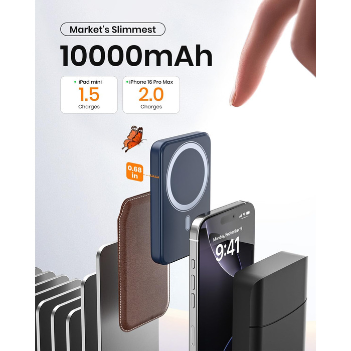 Power Bank A ADDTOP 10000mAh з підтримкою PD 20W та бездроговою зарядкою. LED дисплей, USB-C In/Out, сумісний з iPhone 17/16/15/14/13/12/Pro Max (Блакитний)