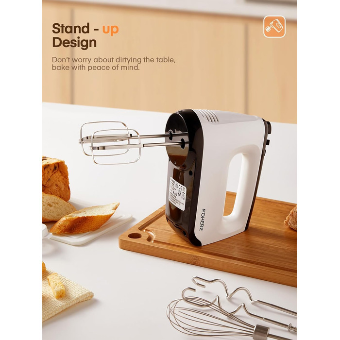 Електричний ручний міксер 400 Вт з 6 швидкостями та Turbo Boost, з набором аксесуарів, нержавіюча сталь, білий