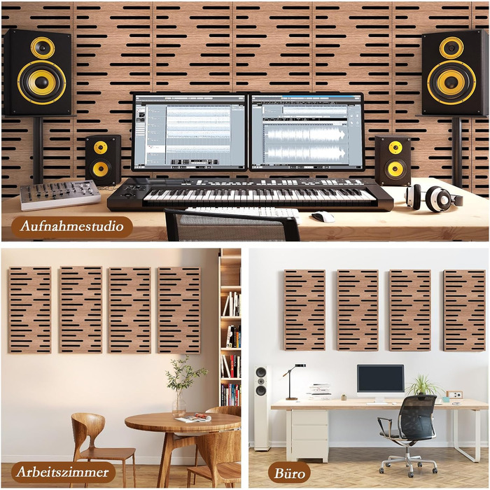 Акустичні панелі JBER для звукоізоляції стін, самоклеючі плити з імітацією горіха (4 шт), 60×30×4.5 см, тришарові декоративні панелі для студії звукозапису