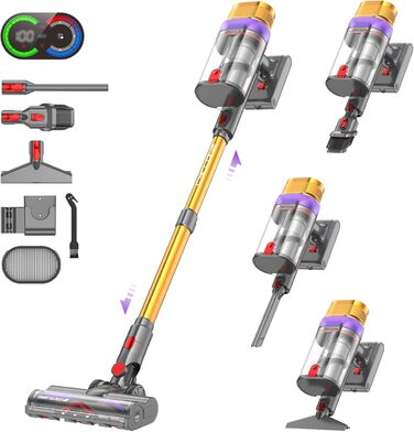 Бездротовий пилосос Vistefly V15 Ultra з акумулятором, 58000Pa, 600W, 70 хвилин роботи, подвійний дисплей, контейнер для пилу, дизайн, для твердих поверхонь, килимів, шерсті тварин