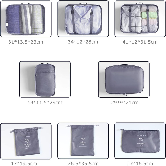 Органайзер для валізи BillyBath, Набір для подорожей (8 шт., сірий): Косметичка, кубики для пакування, сумки для взуття