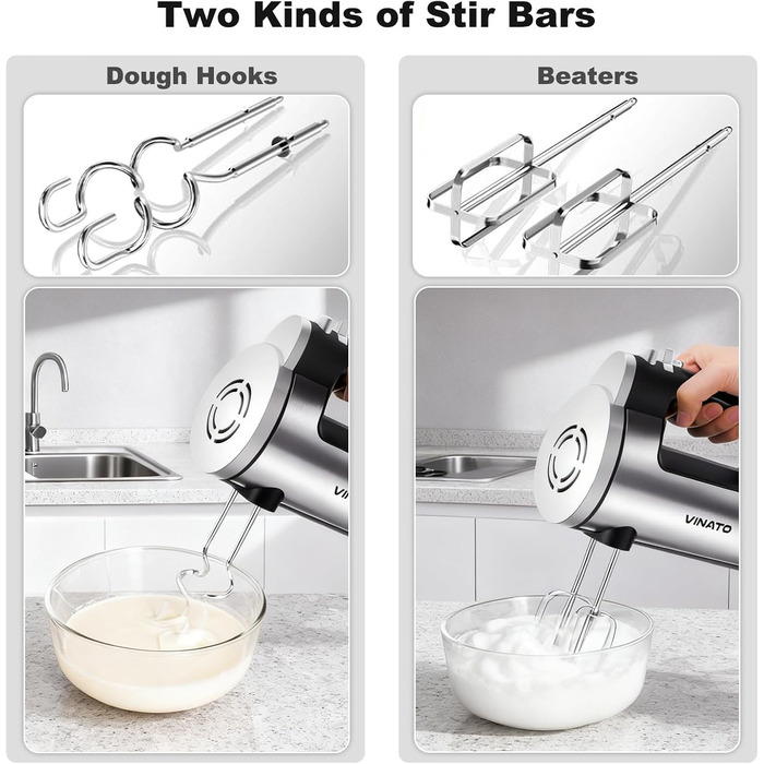 Електричний ручний міксер VINATO 300W з 6 режимами, 2 насадки (венчик та гак) | Для тіста, яєць, збивання вершків, випічки | Потужний, захист від перегріву, срібний
