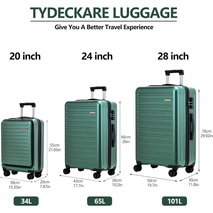 Набір валіз TydeCkare 3-в-1 (55/66/76 см) з TSA замком, зелений. Включає ручну валізу з відділенням для ноутбука (34л, 55x39x20 см), середній (65л) та великий (101л) валіза.