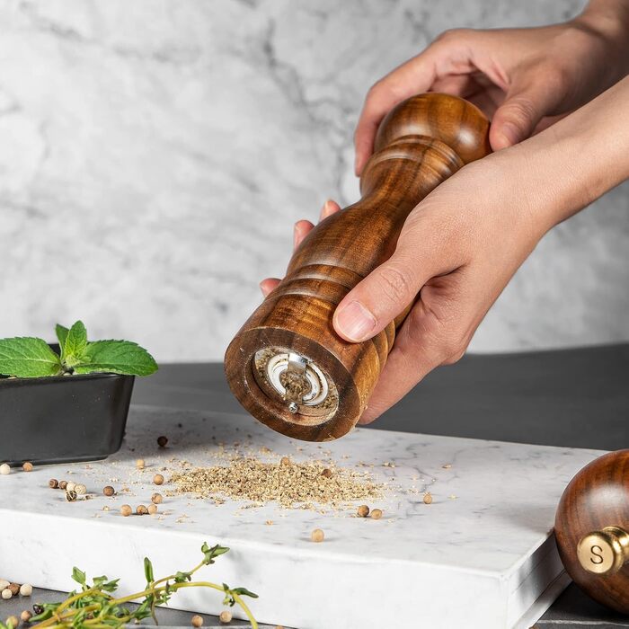 Bill.F Salt and Pepper Grinder Set, Wooden Pepper Grinder 2-Piece Set Manual Salt and Pepper Shakers Grinder Refillable 7 inches with Adjustable Ceramic Grinding Rotor